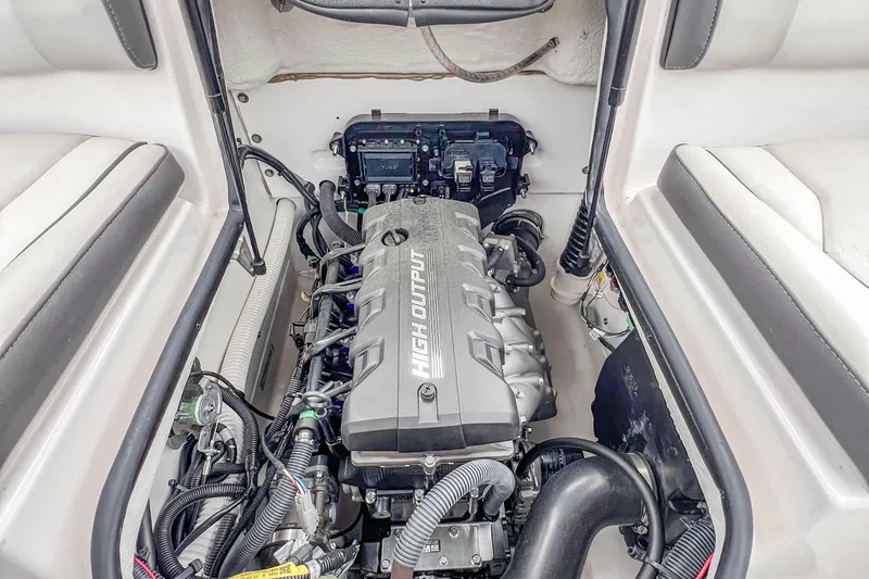 Slide: The Image of 2023 Yamaha Boats AR190 engine compartment showcasing high output engine design. - 30