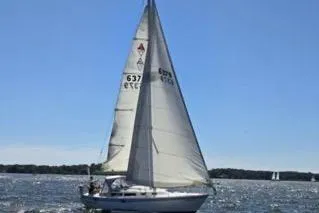 Slide: The Image of 1996 Catalina 30 MkIII sailboat on open water under clear blue sky. - 18