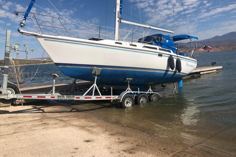 Slide: The Image of Catalina 30 MkIII sailboat on trailer at lakeside, 1996 model. - 28