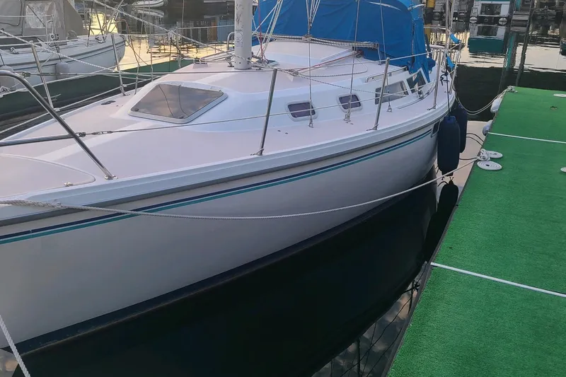 Slide: The Image of 1996 Catalina 30 MkIII sailboat docked with green turf walkway. - 29