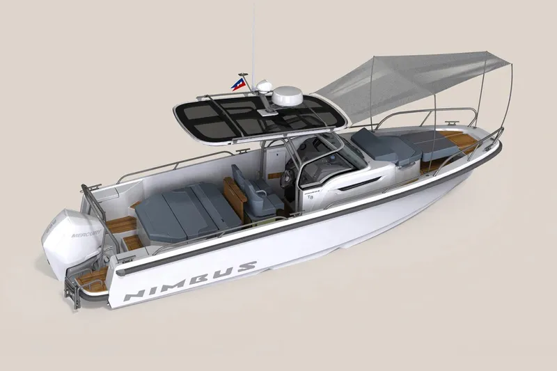 Slide: The Image of 2025 Nimbus Tender 8 boat docked, featuring sleek design and comfortable seating. - 15