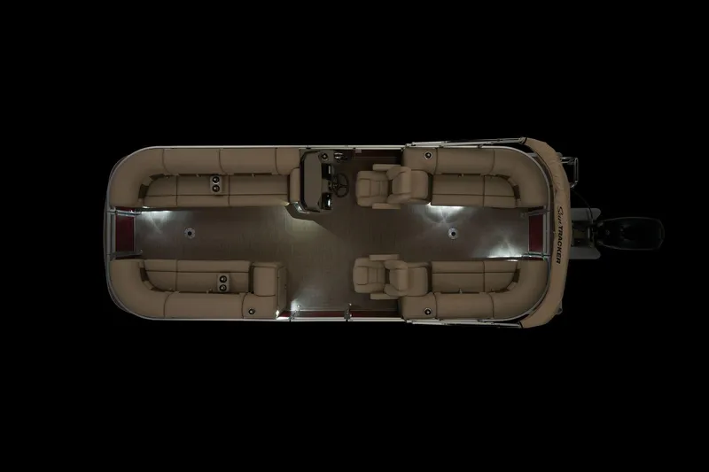 Slide: The Image of 2025 Sun Tracker Party Barge 24 DLX interior with beige seating and spacious layout. - 8