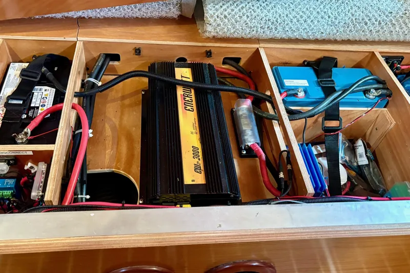 Slide: The Image of Electrical system of a 2007 Jeanneau Sun Odyssey 42 DS sailboat, featuring batteries and wiring. - 40