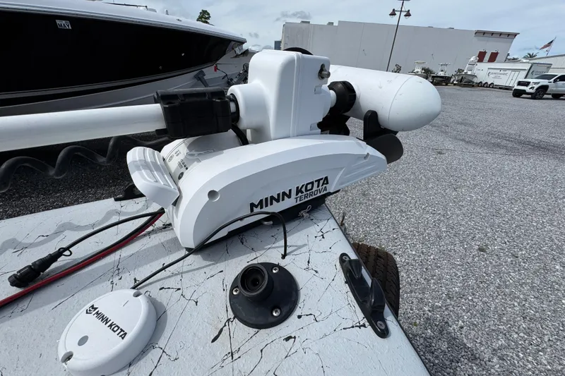 Slide: The Image of Minn Kota Terrova trolling motor on 2018 Blazer Bay 2170 boat, parked on gravel. - 17