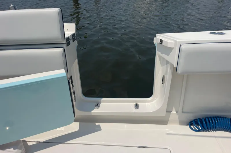 Slide: The Image of Jupiter 38 boat, 2020 model, open transom door with water view. - 21