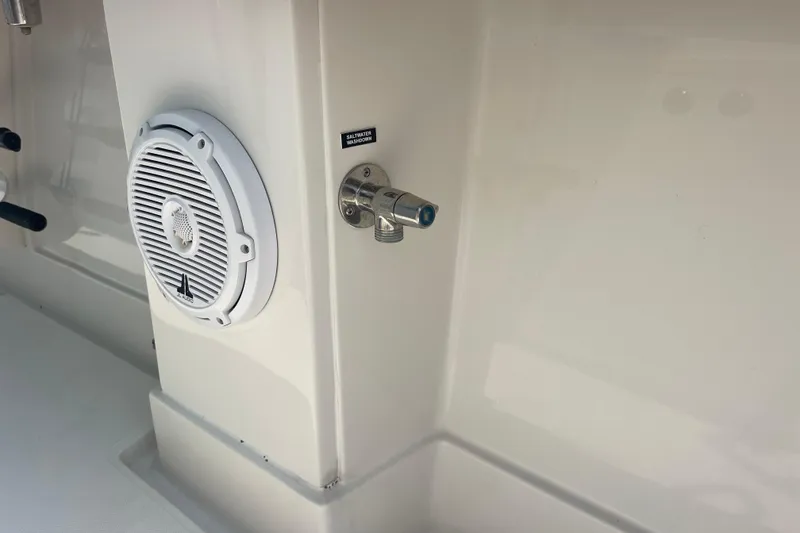 Slide: The Image of Boat interior with JL Audio speaker and saltwater washdown, Jupiter 38, 2020 model. - 25