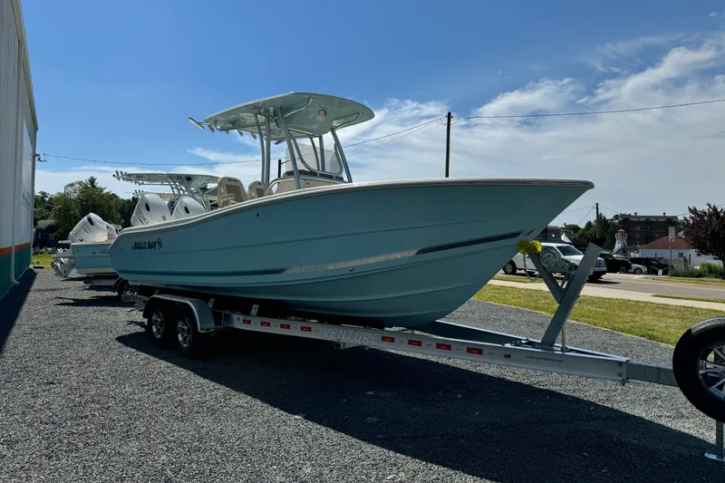 Slide: The Image of 2024 Bulls Bay 255 boat on trailer, parked outdoors under clear sky. - 6