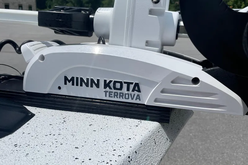 Slide: The Image of Minn Kota Terrova motor on 2023 Express H22 boat, close-up view. - 11