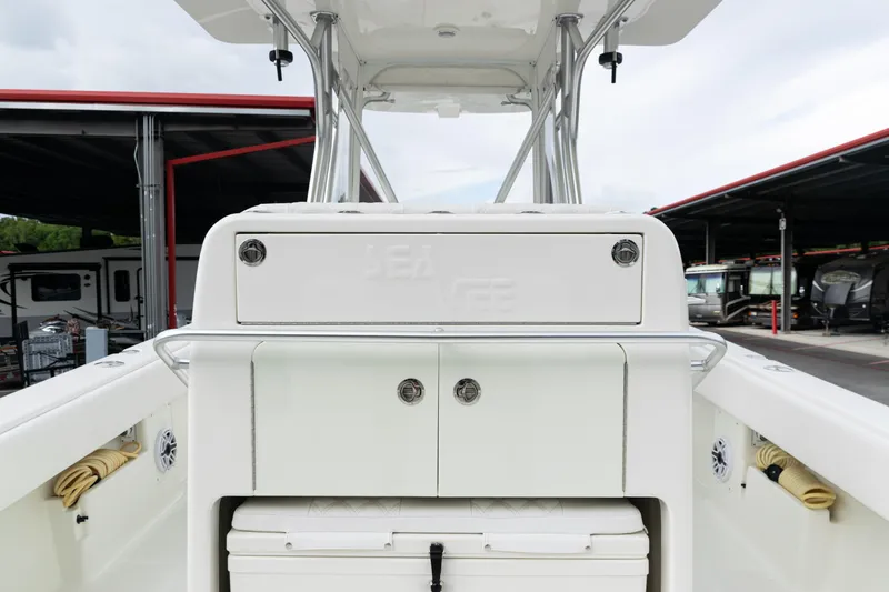 Slide: The Image of 2017 SeaVee 340Z boat interior with storage compartments and sleek design. - 25