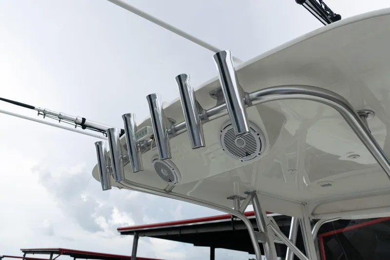 Slide: The Image of 2017 SeaVee 340Z boat with stainless steel rod holders and speakers on the T-top. - 39