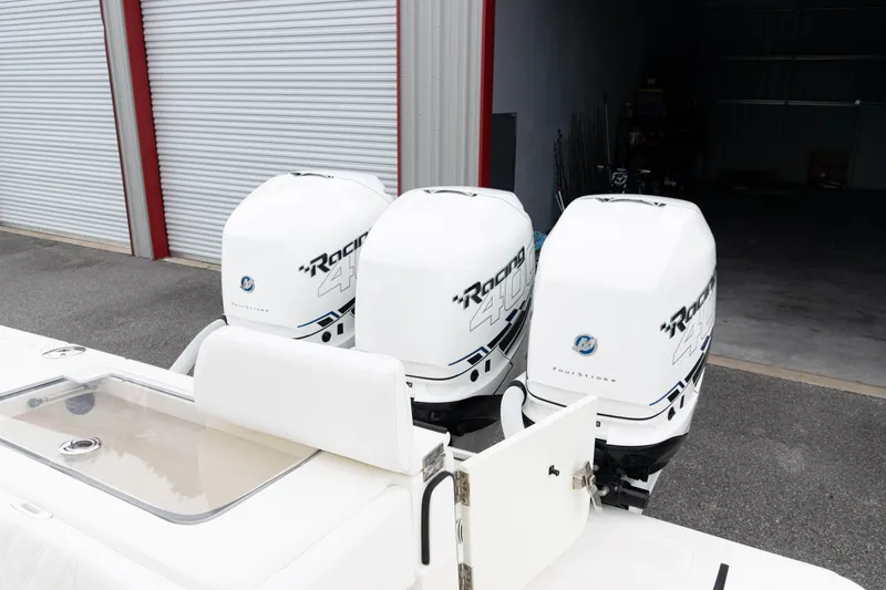 Slide: The Image of 2017 SeaVee 340Z boat with triple Mercury Racing 400R outboard engines. - 42