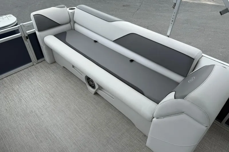 Slide: The Image of 2024 Avalon VENTURE 85 QUAD LOUNGER interior with sleek, modern seating design. - 12