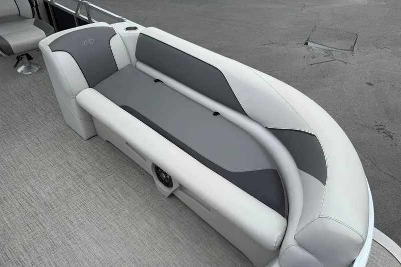 Slide: The Image of 2024 Avalon VENTURE 85 QUAD LOUNGER boat seat, gray and white upholstery, sleek design. - 8