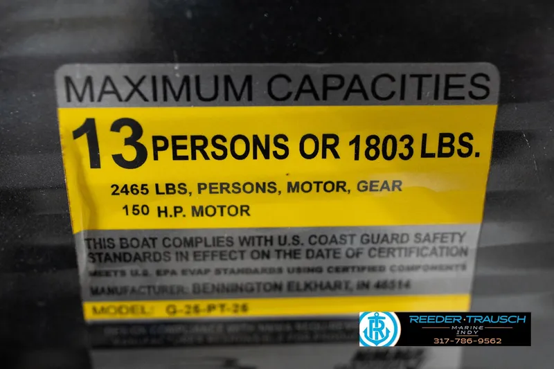 Slide: The Image of 2016 Bennington 2375 GCW capacity label, 13 persons or 1803 lbs, 150 HP motor. - 61
