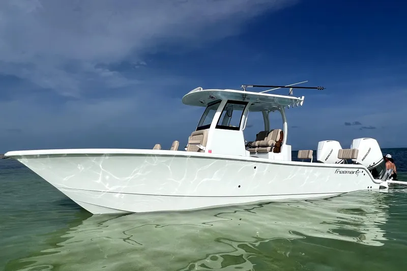 Slide: The Image of 2024 Freeman 28 boat on clear water under a blue sky. - 17