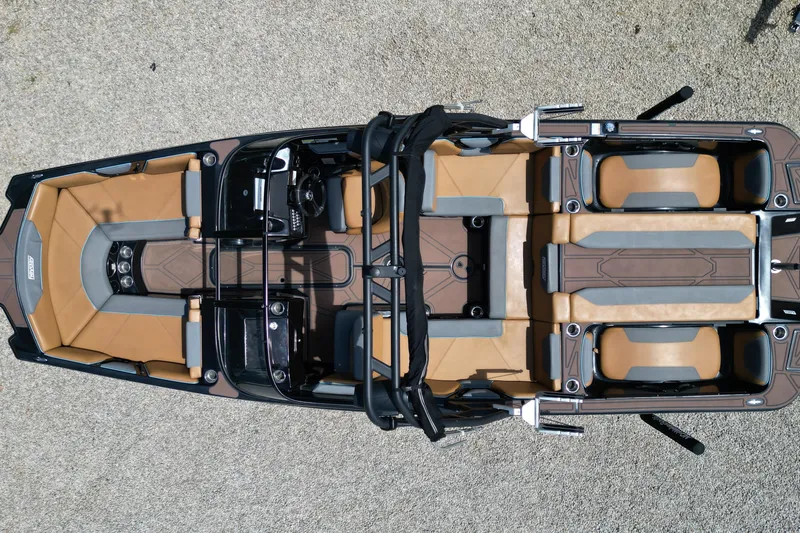 Slide: The Image of Top view of 2022 Heyday WTSurf boat with tan and gray seating. - 12