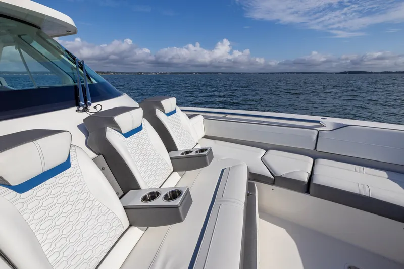 Slide: The Image of Luxury seating on 2021 Tiara Yachts 43 LS, featuring ocean view and modern design. - 22
