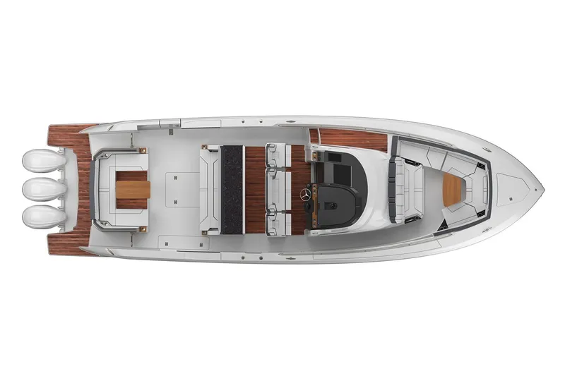 Slide: The Image of Manufacturer Provided Image: Top view of a 2021 Tiara Sport 43 LS boat with triple outboard engines. - 44