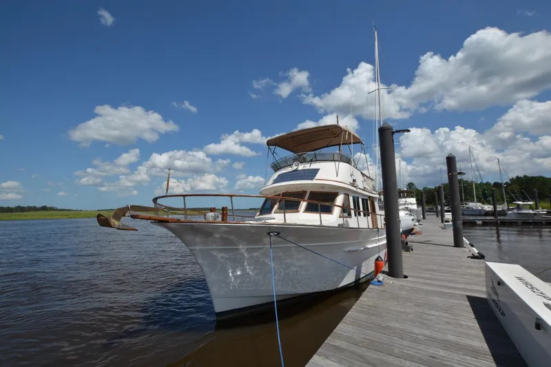 Slide: The Image of 1985 Albin 43 Trawler docked, clear sky, calm water, Sherwood, OR. - 2