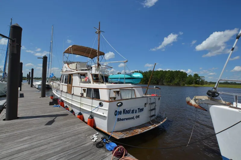 Slide: The Image of 1985 Albin 43 Trawler with solar panel, docked under a clear blue sky. - 3