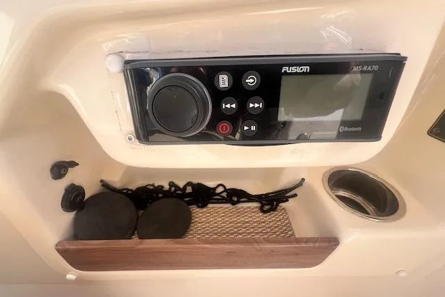 Slide: The Image of Fusion MS-RA70 stereo system on 2013 Grady-White Freedom 275 boat dashboard. - 8