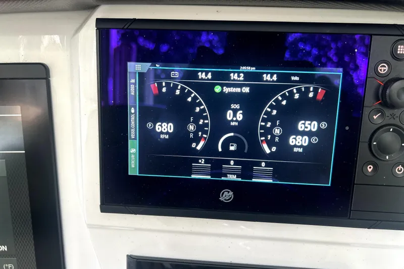 Slide: The Image of 2019 Sunsation 34 CCX dashboard with Garmin display showing speed, RPM, and engine metrics. - 39