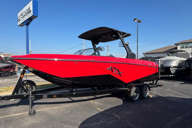 Slide: The Image of Red 2026 ATX Surf Boats 24 Type-S on trailer at dealership. - 4