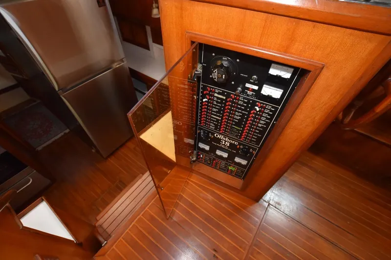 Slide: The Image of 1987 Hartman-Palmer Offshore 38 Sundeck electrical panel in wooden interior. - 16