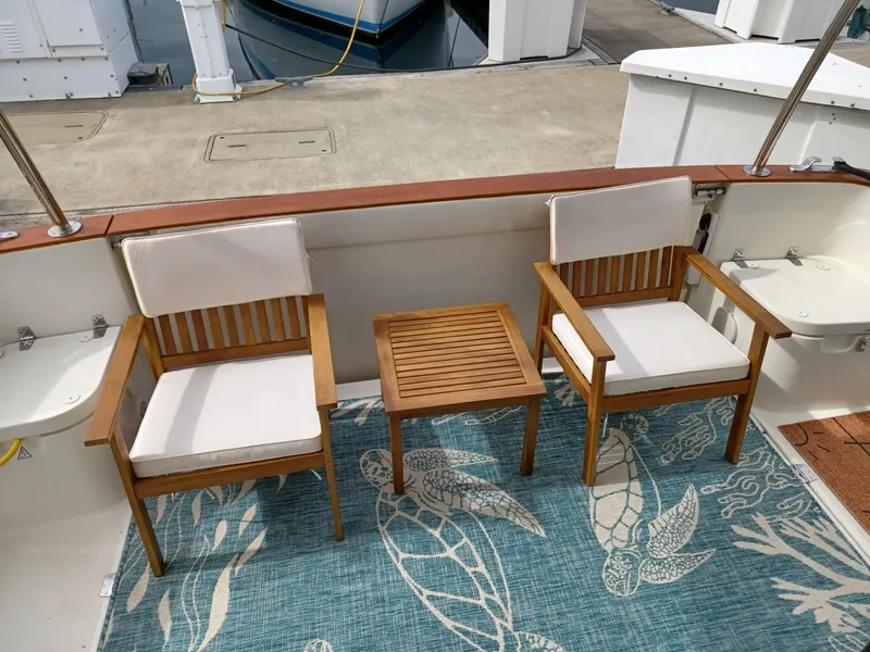 Slide: The Image of Deck of 2020 Greenline 40 yacht with wooden chairs and table on a nautical-themed rug. - 18