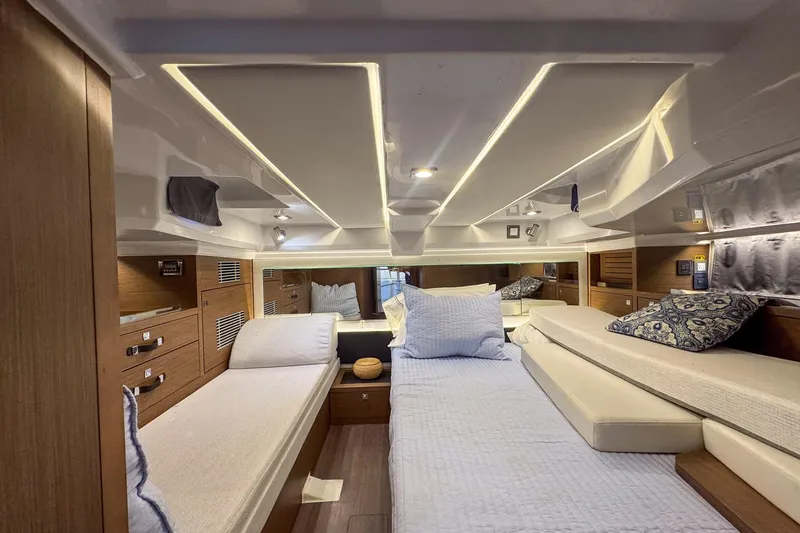 Slide: The Image of Luxurious interior of 2022 Jeanneau Leader 12.5 WA yacht cabin with modern design. - 29