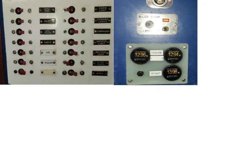 Slide: The Image of Control panel with switches and gauges on a 1984 Peacock model 35 boat. - 11