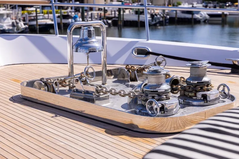 Slide: The Image of Polished yacht deck with anchor winch and bell, ABD 90 Explorer, 1996 model. - 28