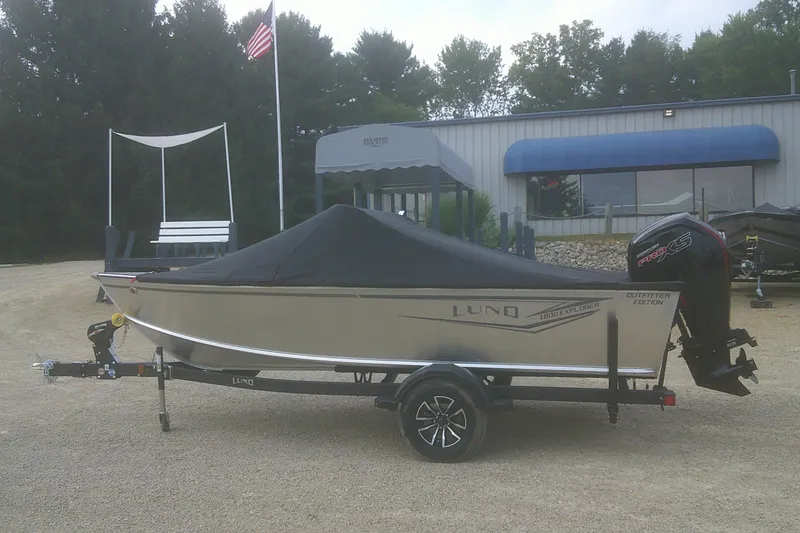 Slide: The Image of 2026 Lund 1800 Explorer Sport boat on trailer, covered, with American flag in background. - 17
