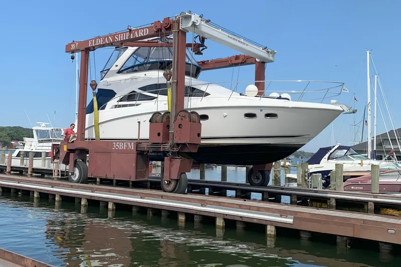 Slide: The Image of 2014 Sea Ray 450 Sedan Bridge yacht lifted at Eldean Shipyard. - 3