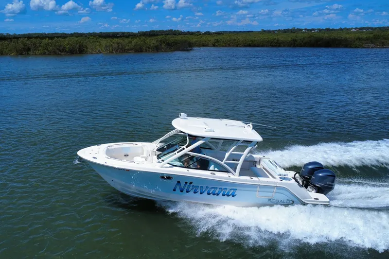 The Image of 2019 Robalo R317 Dual Console boat cruising on a sunny day. - 0