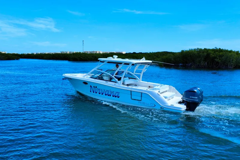 Slide: The Image of 2019 Robalo R317 Dual Console boat cruising on blue water, labeled "Nirvana." - 16