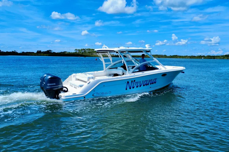 Slide: The Image of 2019 Robalo R317 Dual Console boat cruising on a sunny day. - 17
