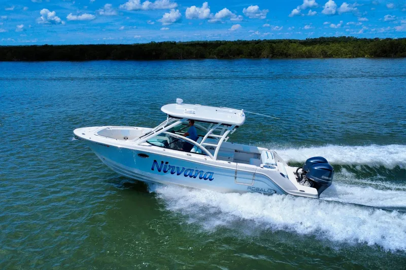 Slide: The Image of 2019 Robalo R317 Dual Console boat cruising on a sunny day. - 3