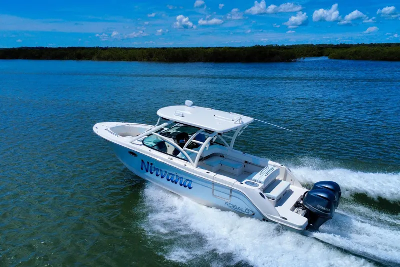 Slide: The Image of 2019 Robalo R317 Dual Console boat cruising on open water under a clear blue sky. - 4
