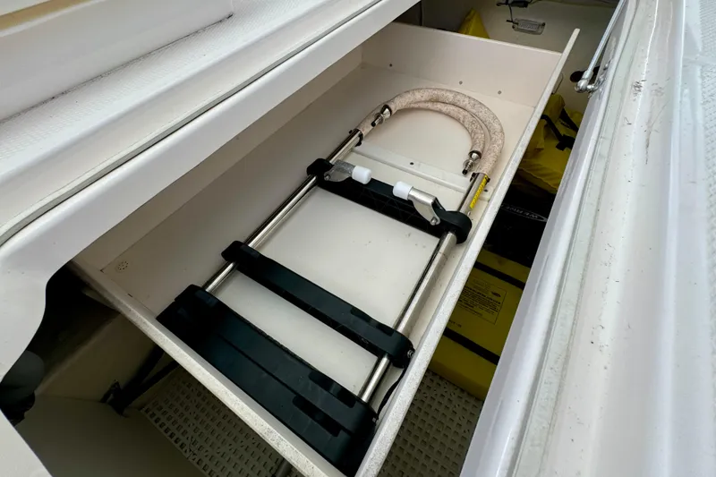 Slide: The Image of Storage compartment with ladder on 2019 Robalo R317 Dual Console boat. - 43