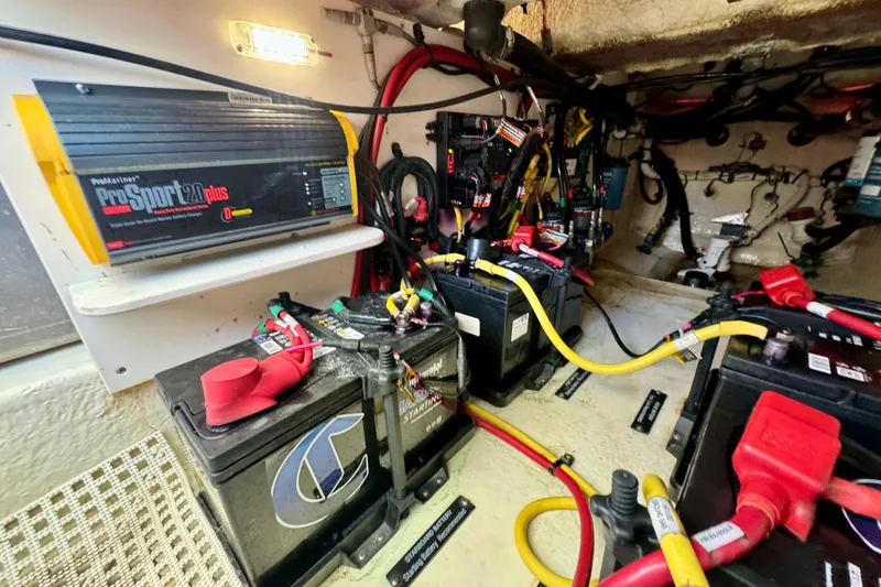 Slide: The Image of Electrical system of 2019 Robalo R317 Dual Console with batteries and ProSport charger. - 46