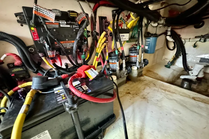 Slide: The Image of Electrical system and wiring inside a 2019 Robalo R317 Dual Console boat. - 47