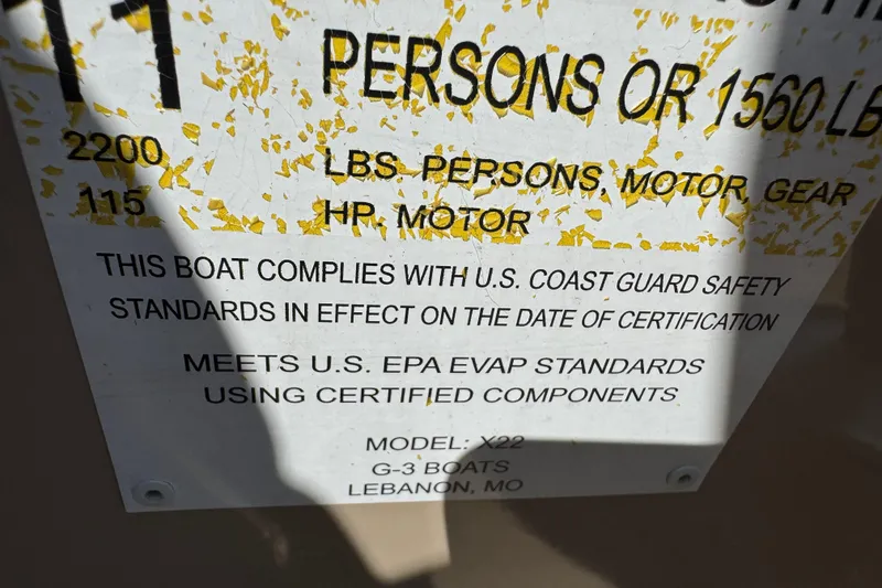 Slide: The Image of Boat compliance label for G3 X22FC, 2019 model, meeting U.S. safety and EPA standards. - 27