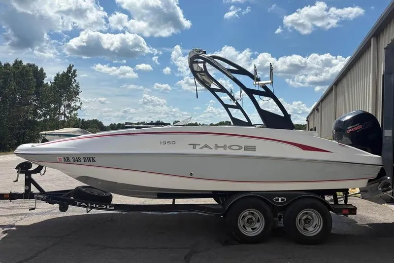 Slide: The Image of Tahoe 1950 boat on trailer, 2022 model, parked outdoors under a cloudy sky. - 4