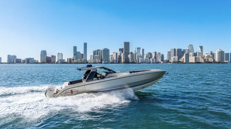 Slide: The Image of 2022 Cigarette 42 Auroris speedboat cruising near city skyline on a sunny day. - 1