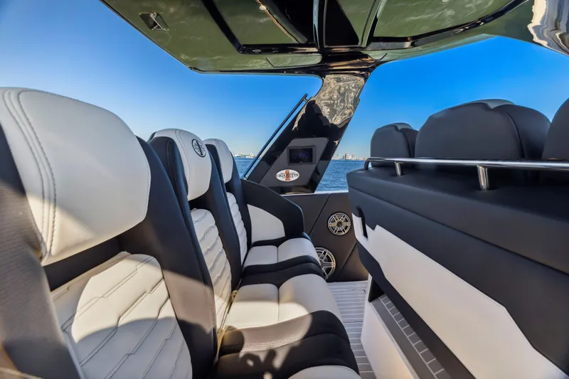 Slide: The Image of Interior of 2022 Cigarette 42 Auroris boat with luxurious seating and sleek design. - 18