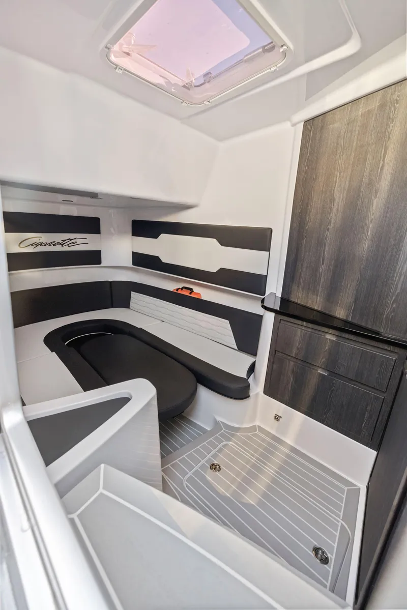 Slide: The Image of Interior of 2022 Cigarette 42 Auroris boat with modern seating and sleek design. - 30