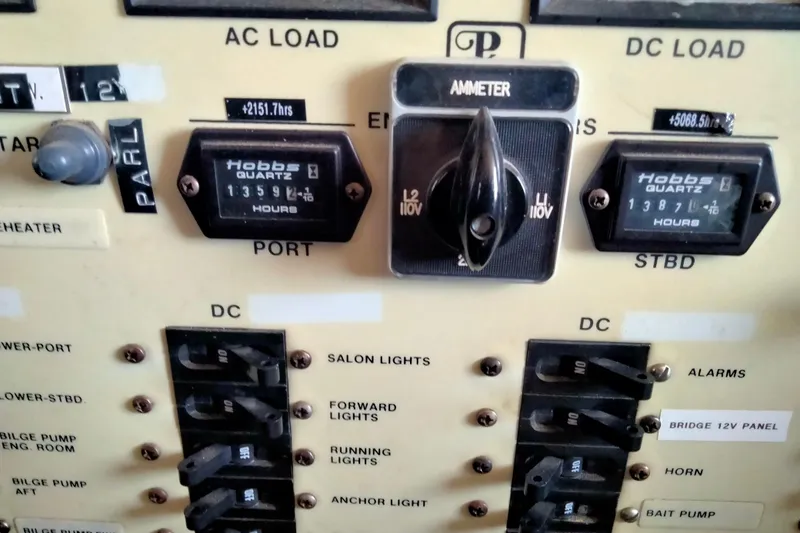 Slide: The Image of Electrical control panel of a 1985 50' Pacifica Long Range Sportfisherman with ammeter and hour meters. - 14