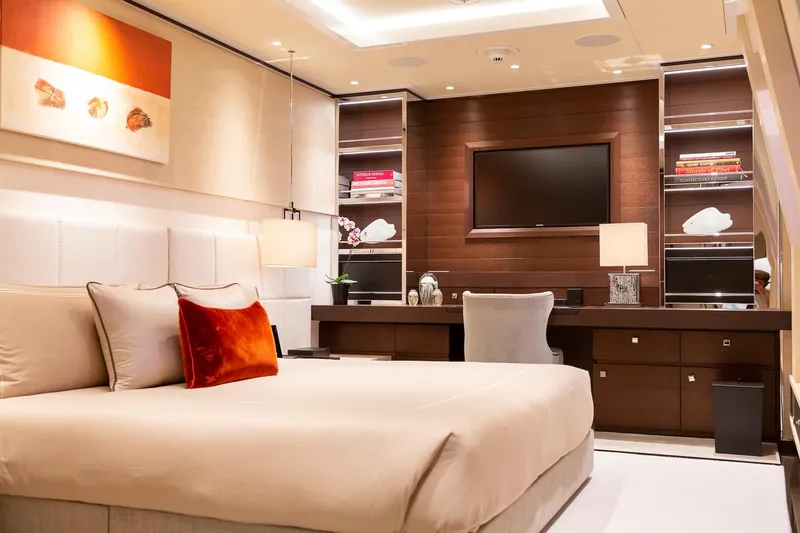 Slide: The Image of Luxurious bedroom interior on Alia Yachts 60M, 2016 model, featuring elegant decor and modern amenities. - 13