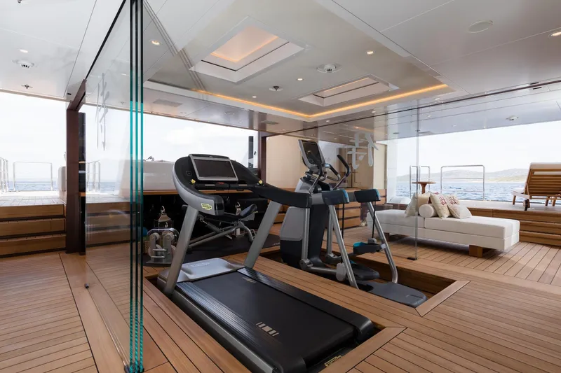 Slide: The Image of Luxurious gym on Alia Yachts 60M, 2016 model, featuring treadmill and exercise bike. - 4